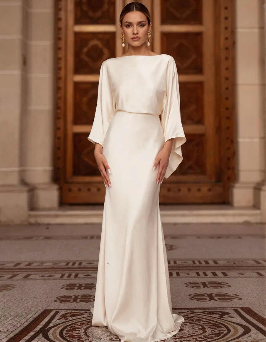 White Satin Batwing Sleeves Maxi Dress