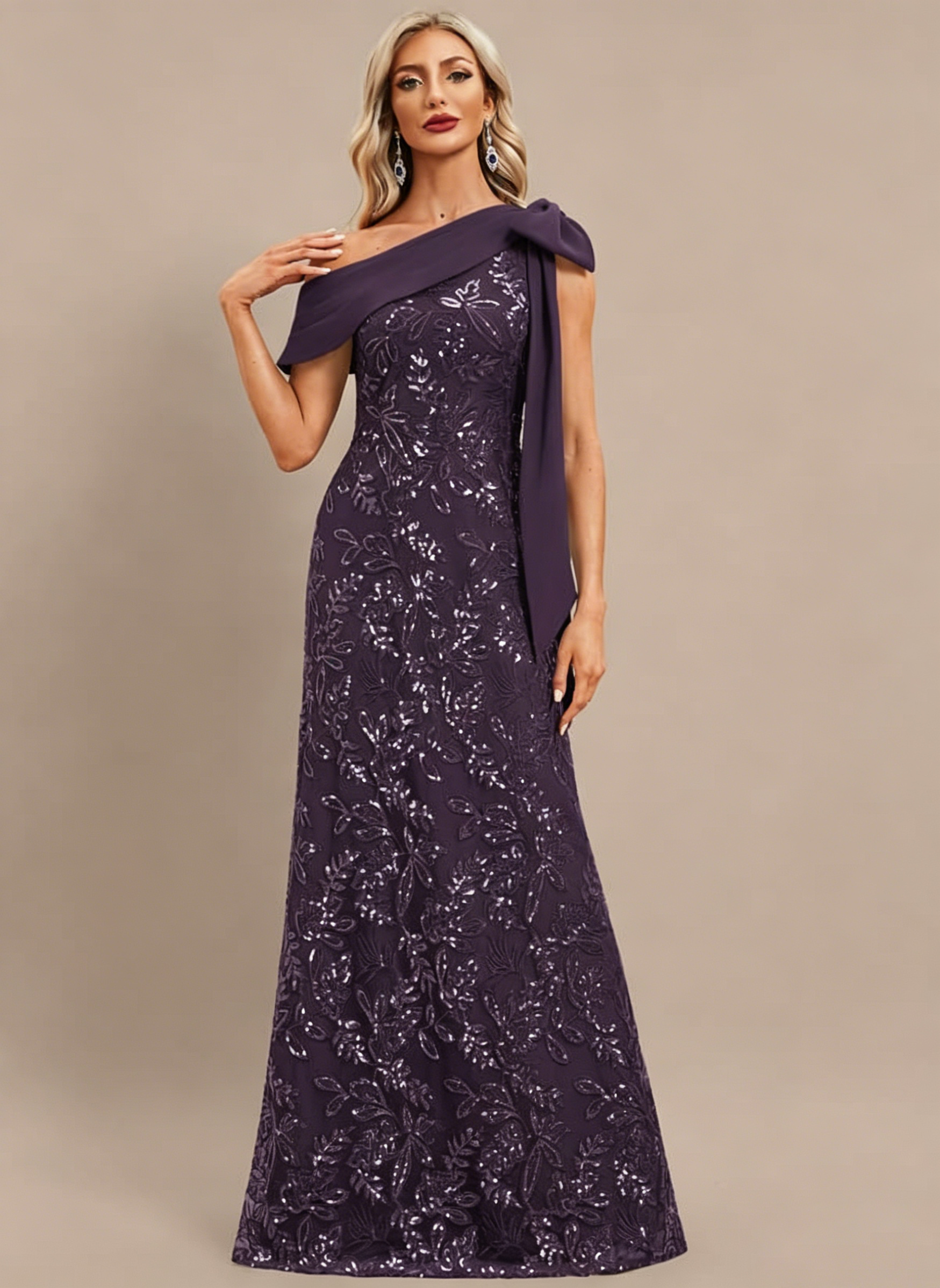 Plum Sheath/Column One Shoulder Pleated Lace Dress