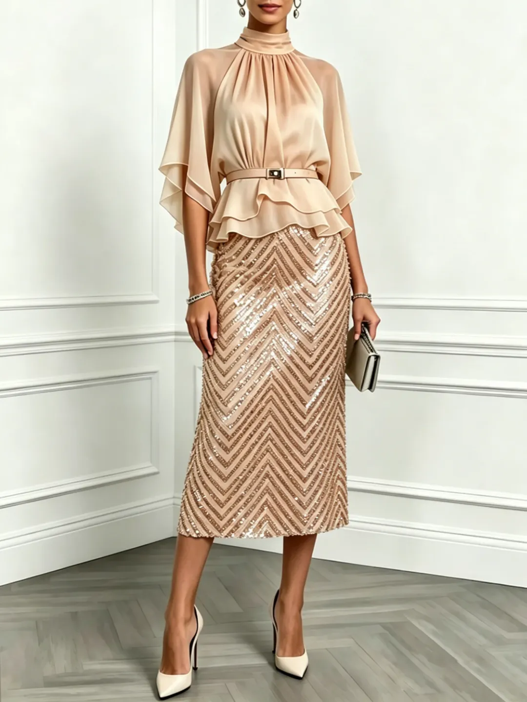 Apricot Ruffled Mock Neck Half Sleeve With Glitter Skirt Two-Piece Set