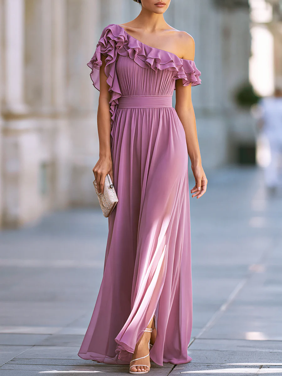 One-Shoulder Ruffle Chiffon Maxi Dress With Pleated Bodice