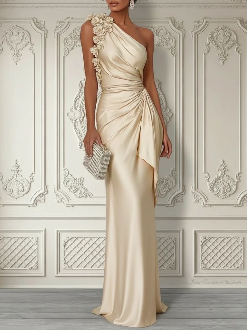 Purplish Blue 3D Floral Ruched Satin One Shoulder Sleeveless Sheath Floor-length Gown Dress