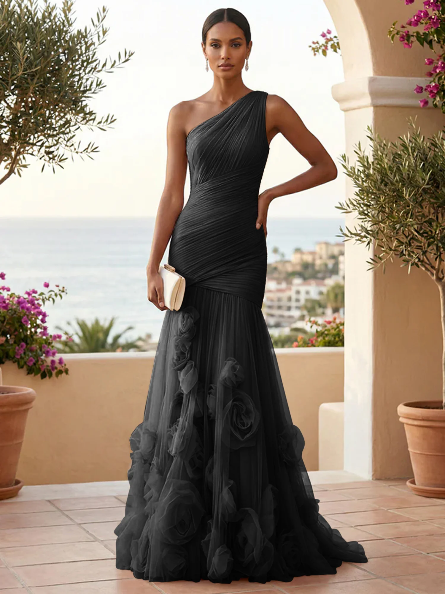 Sweetheart Tulle Pleat One Shoulder Mermaid Evening Dresses Gown with 3D Flower