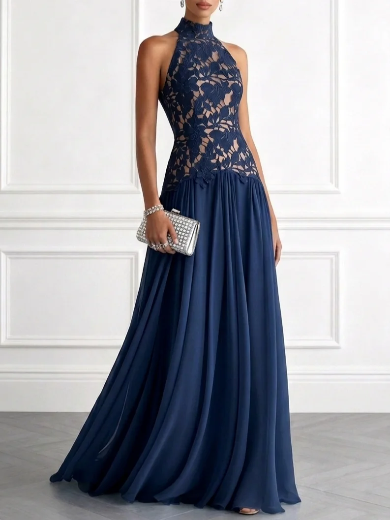 Lace Halter Neck Sleeveless A-Line Floor Maxi Dress