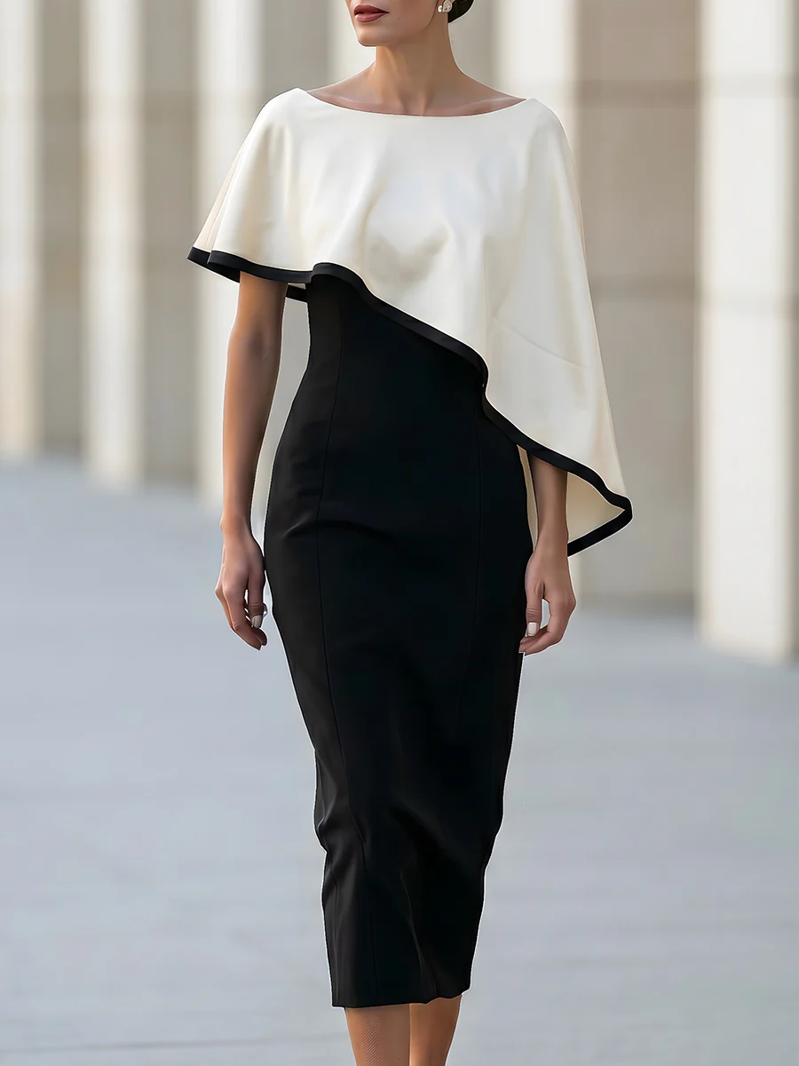 Black Sheath Midi Dress With Asymmetric Cape Overlay In White Contrast Trim
