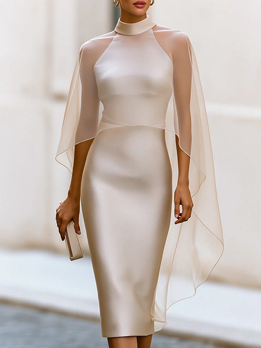 Two-Piece Style Midi Dress With High-Neck Sheer Overlay