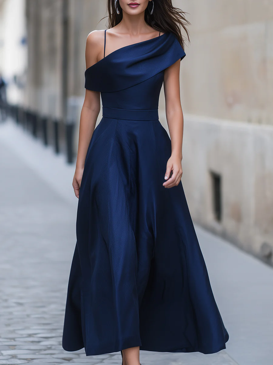 Navy Blue Off-Shoulder A-Line Midi Dress