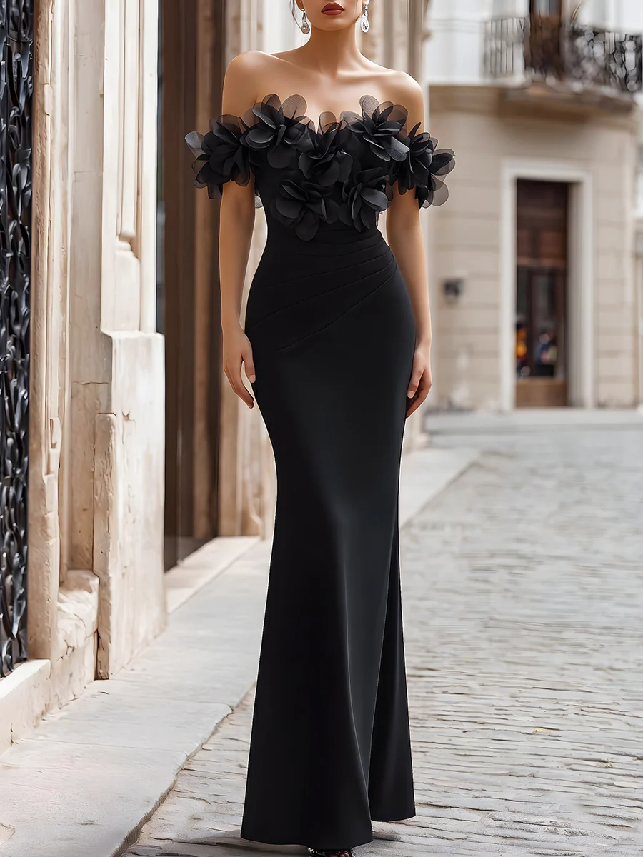 Off-Shoulder Floral Applique Mermaid Evening Gown