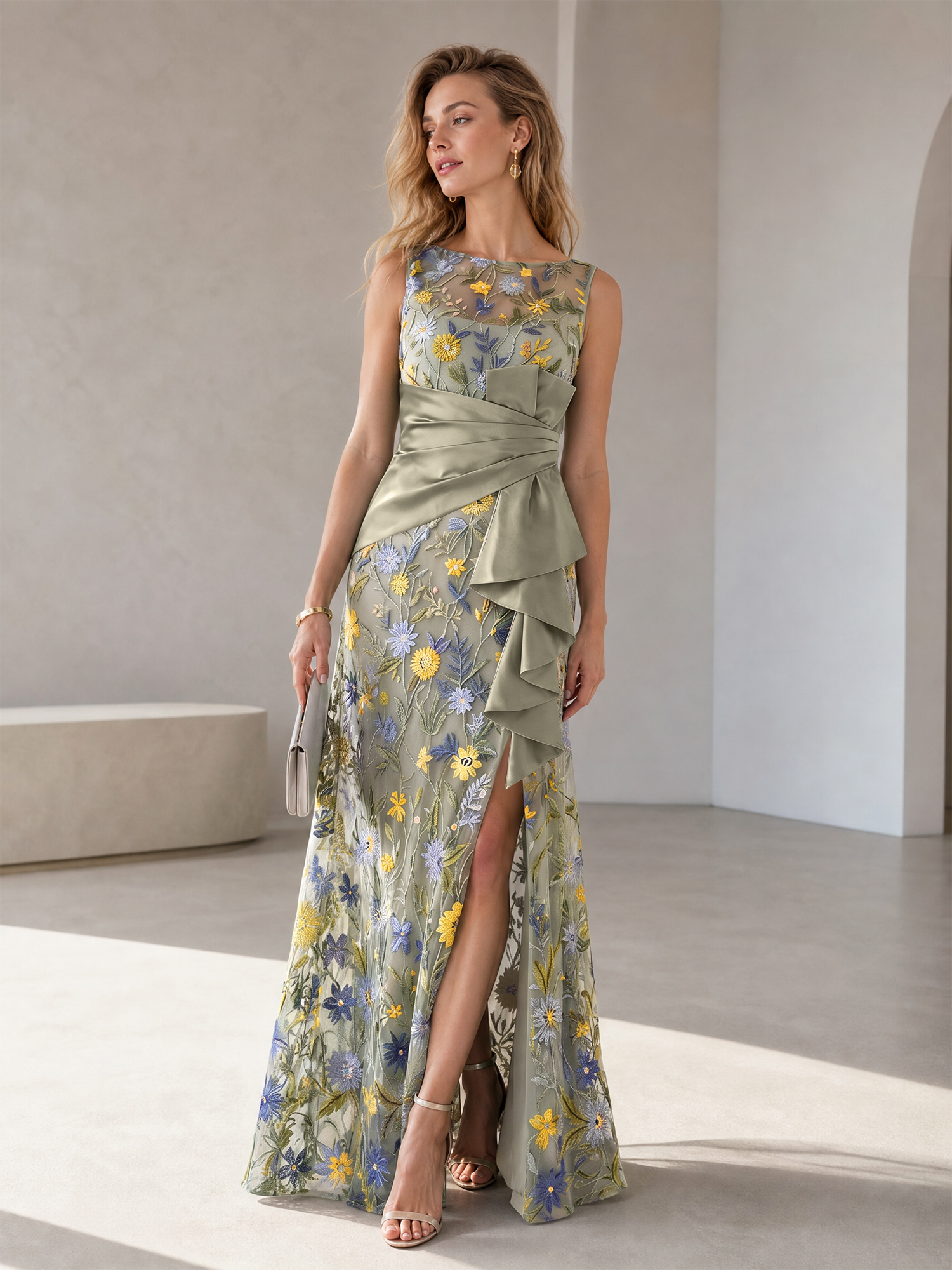 Green Floral Embroidery Sleeveless Gown with Satin Wrap Waist & Side Slit