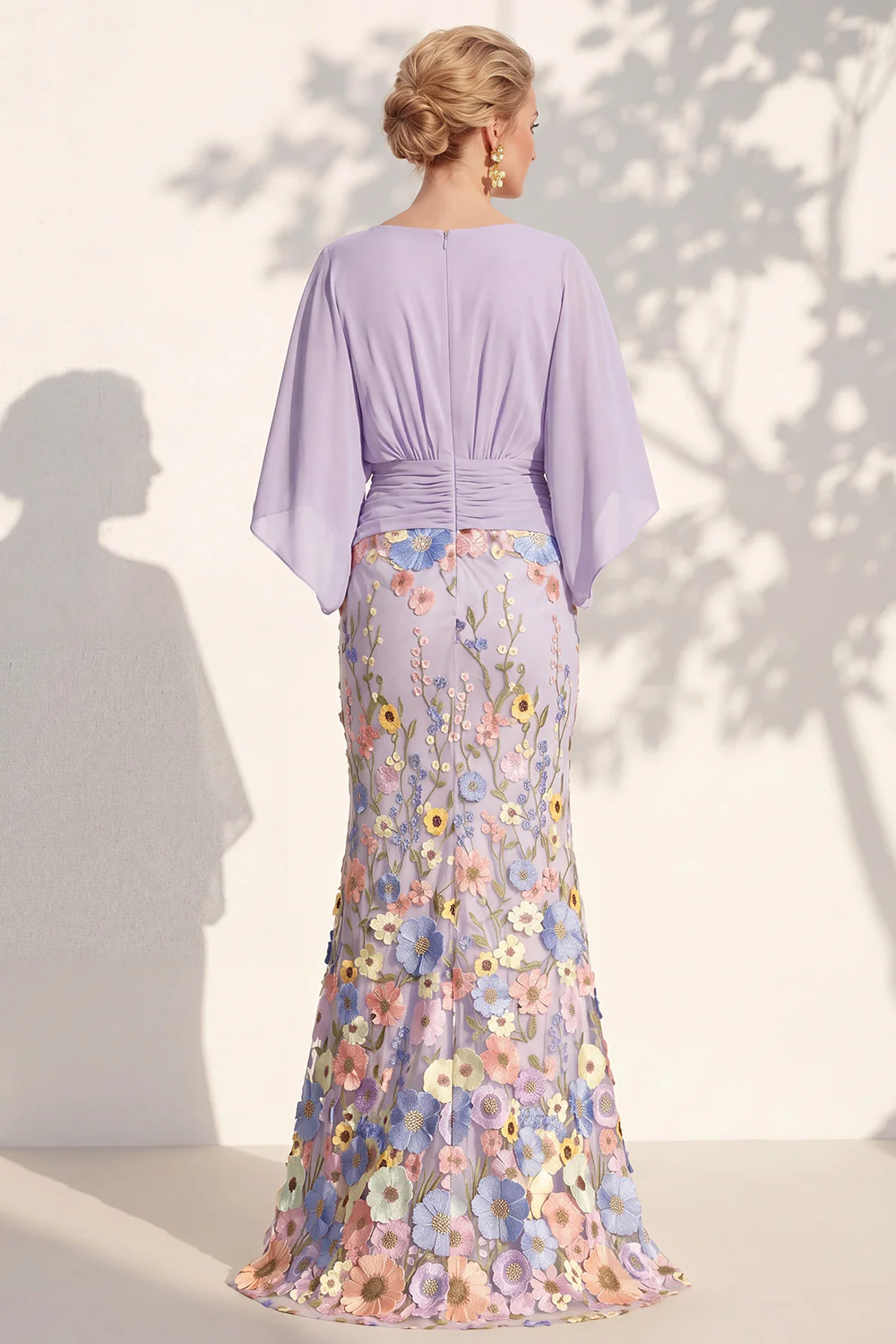 V Neck Cape Sleeve 3D Floral Embellished Mermaid Dress