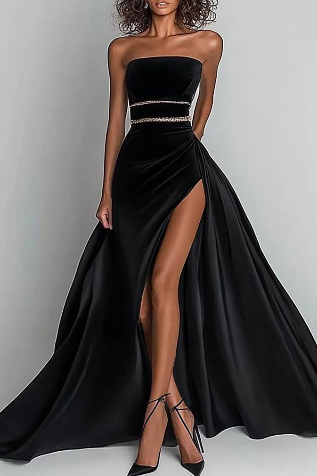 Formal Evening Satin Dress Black Strapless High Slit Maxi Gown