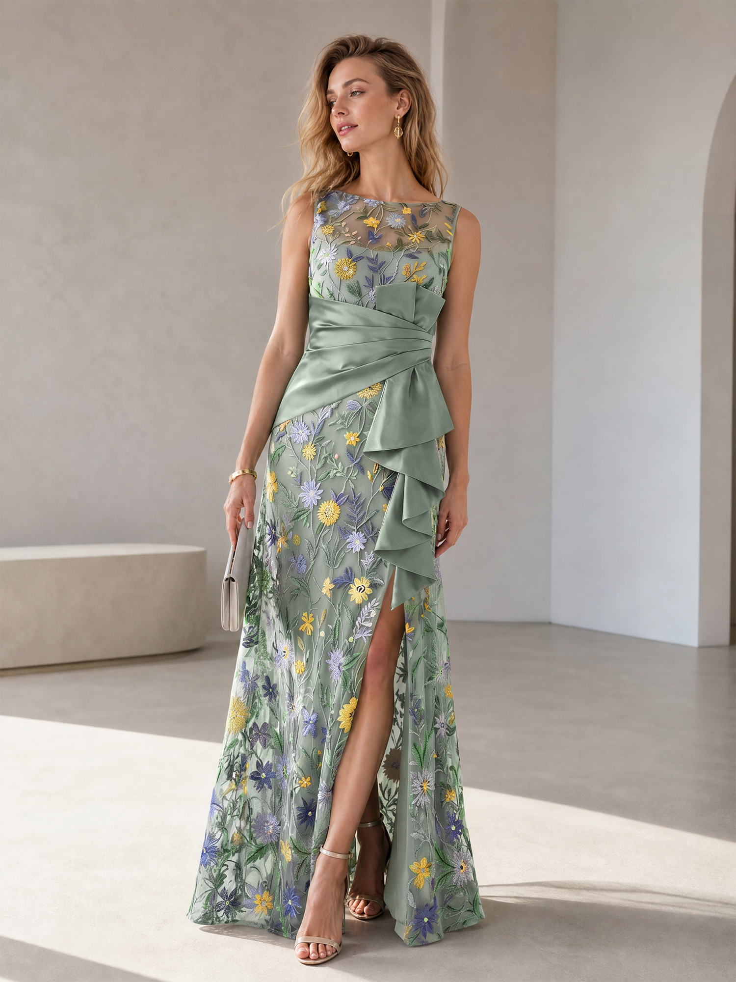 Green Floral Embroidery Sleeveless Gown with Satin Wrap Waist & Side Slit
