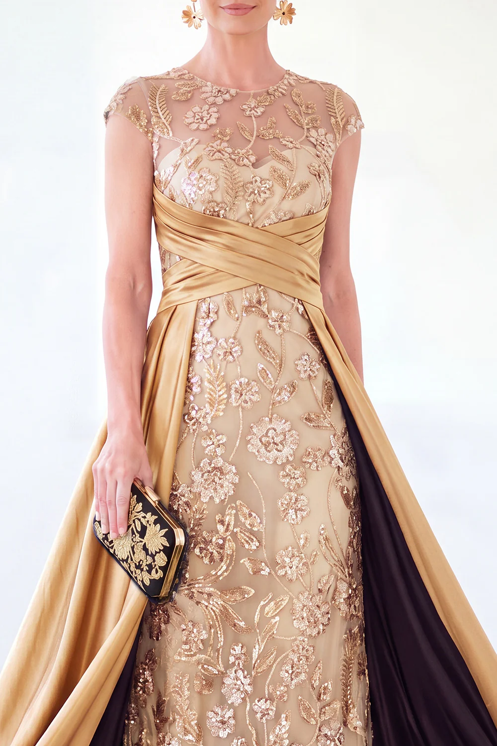 Sparkly Floral Dark Green Ruched Beaded Sheath Maxi Dress