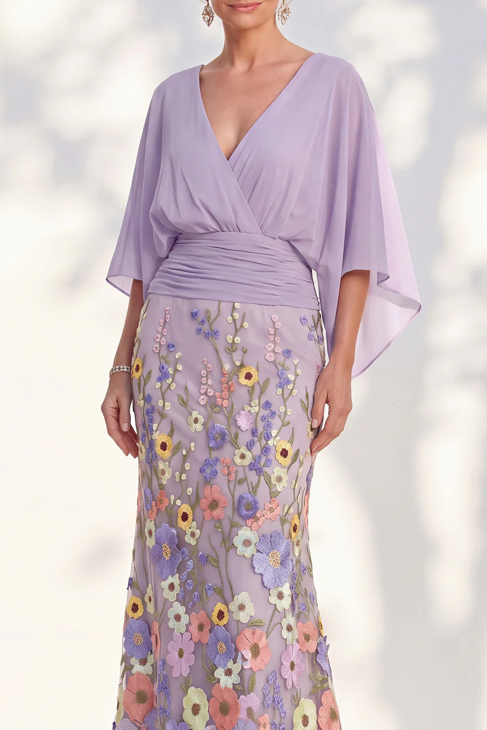 V Neck Cape Sleeve 3D Floral Embellished Mermaid Dress