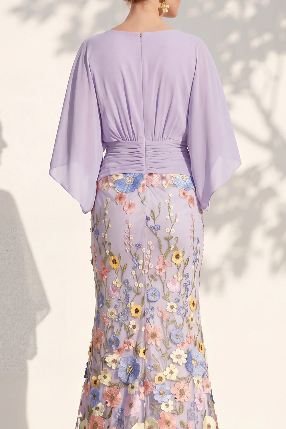 V Neck Cape Sleeve 3D Floral Embellished Mermaid Dress