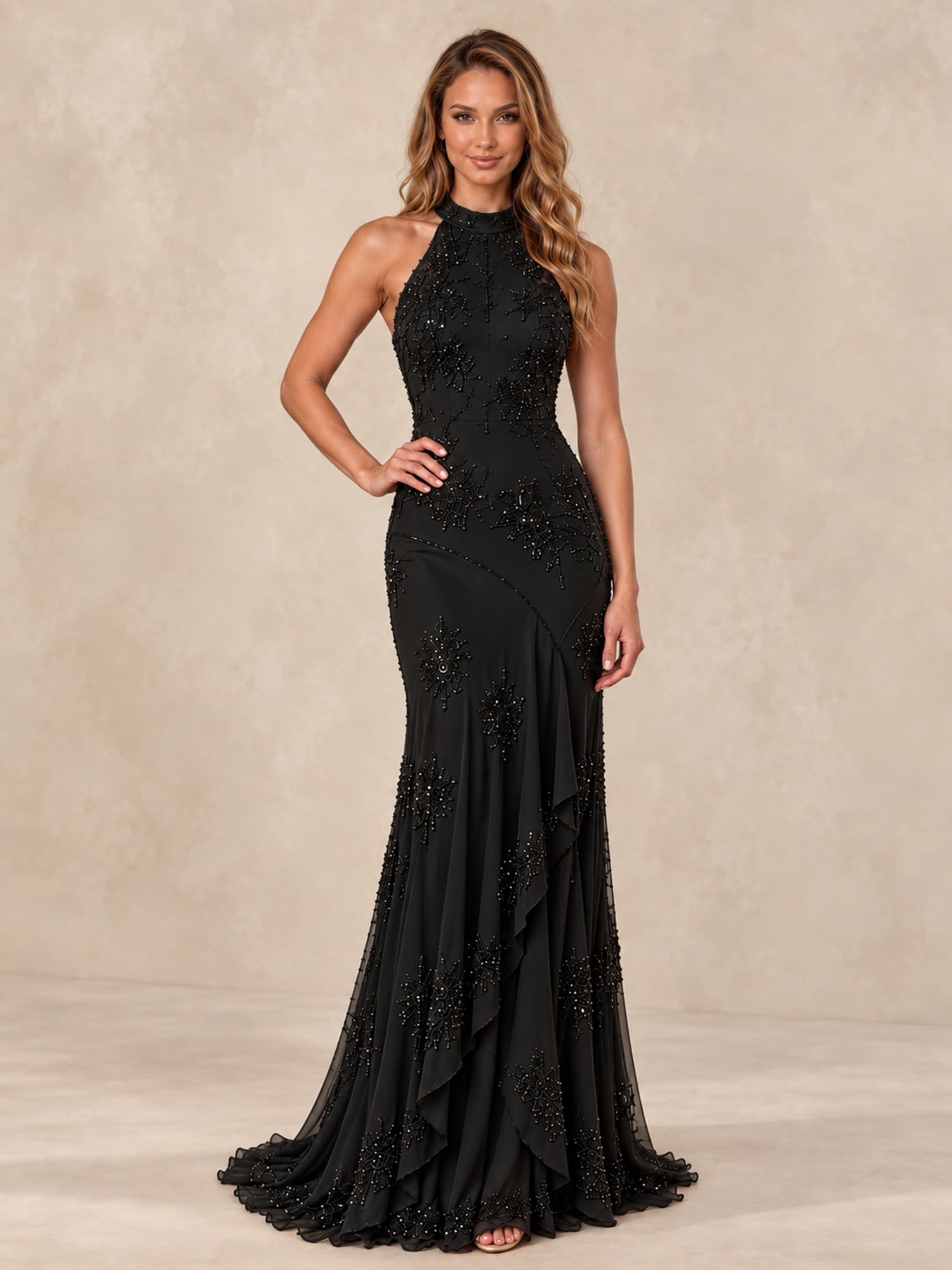 Beaded Long Chiffon Halter Prom Dress
