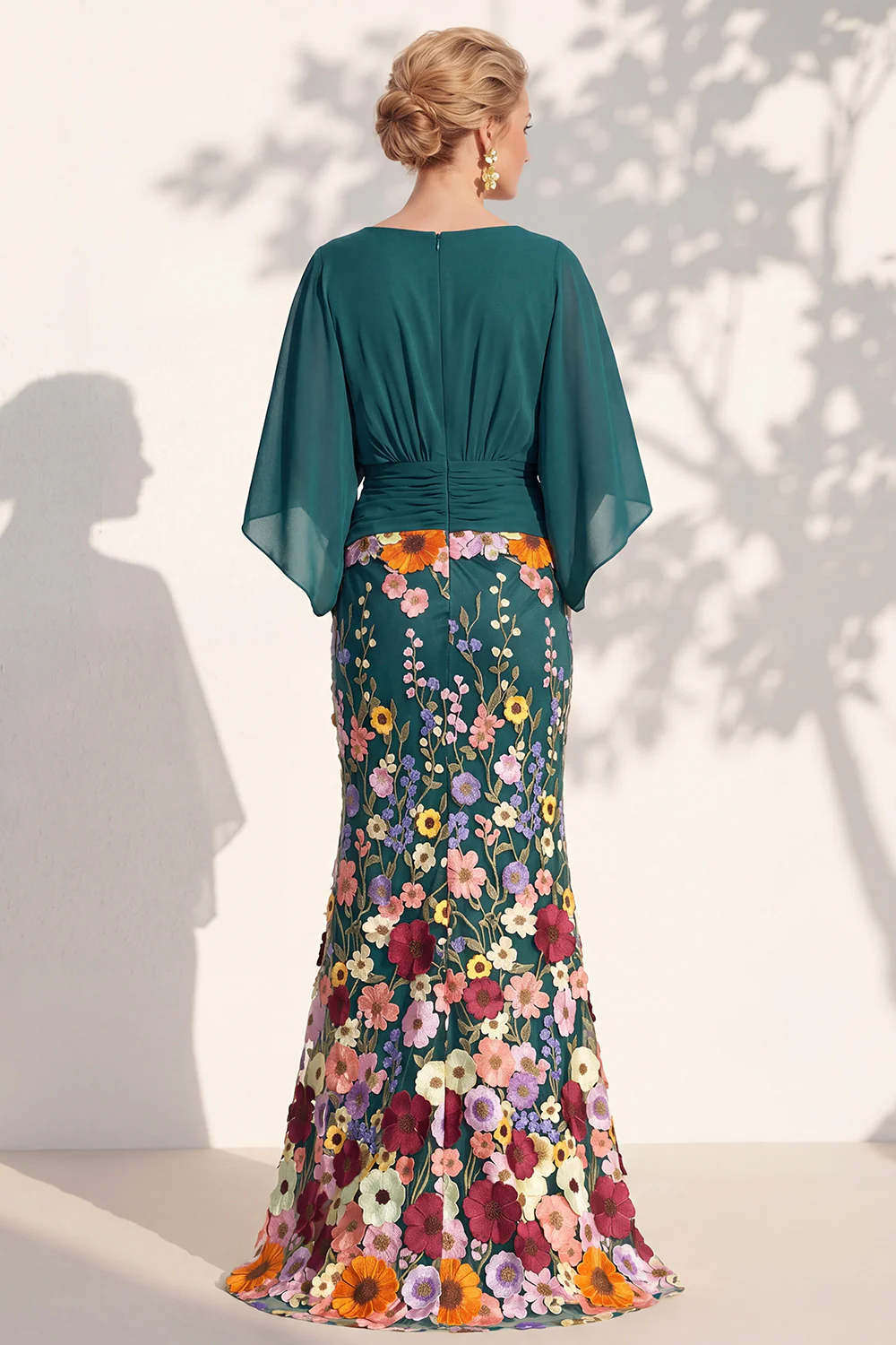 V Neck Cape Sleeve 3D Floral Embellished Mermaid Dress
