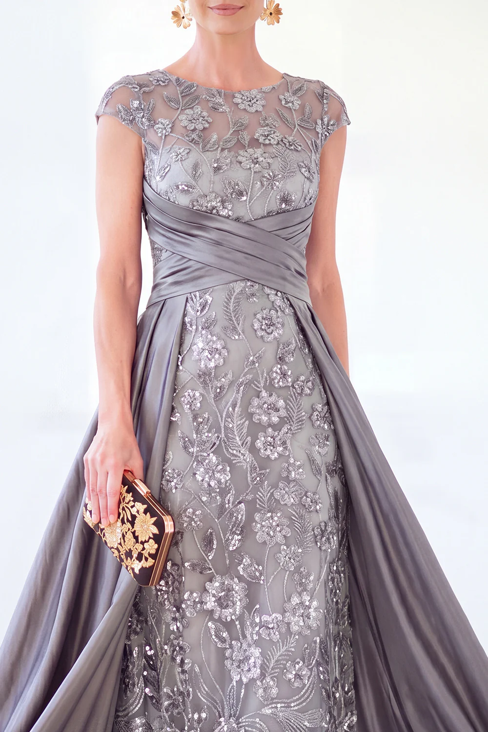 Sparkly Floral Dark Green Ruched Beaded Sheath Maxi Dress