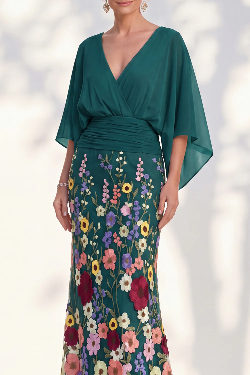 V Neck Cape Sleeve 3D Floral Embellished Mermaid Dress