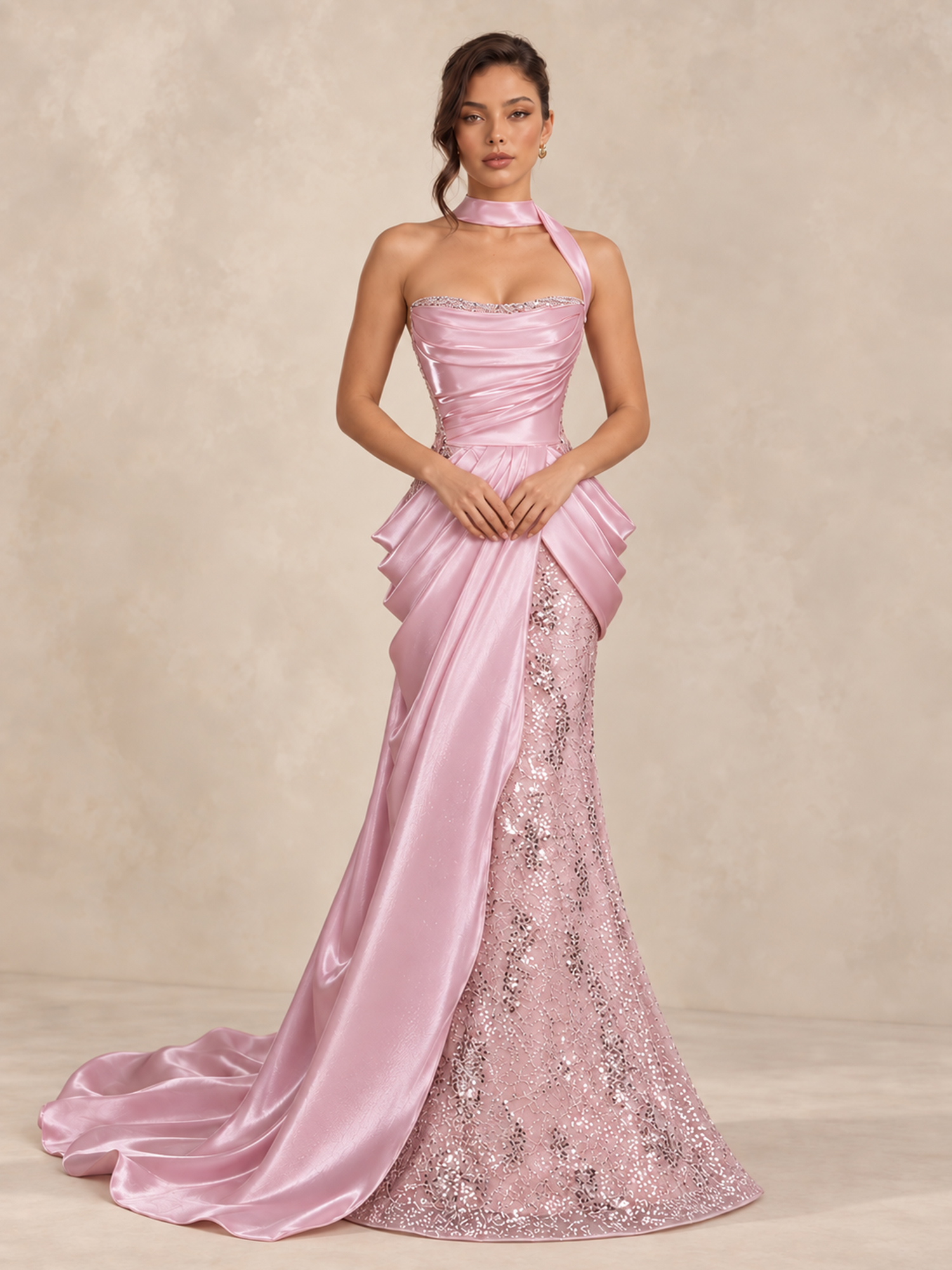 Satin Sequin Mermaid Corset Pleated Prom Dress with Scarf