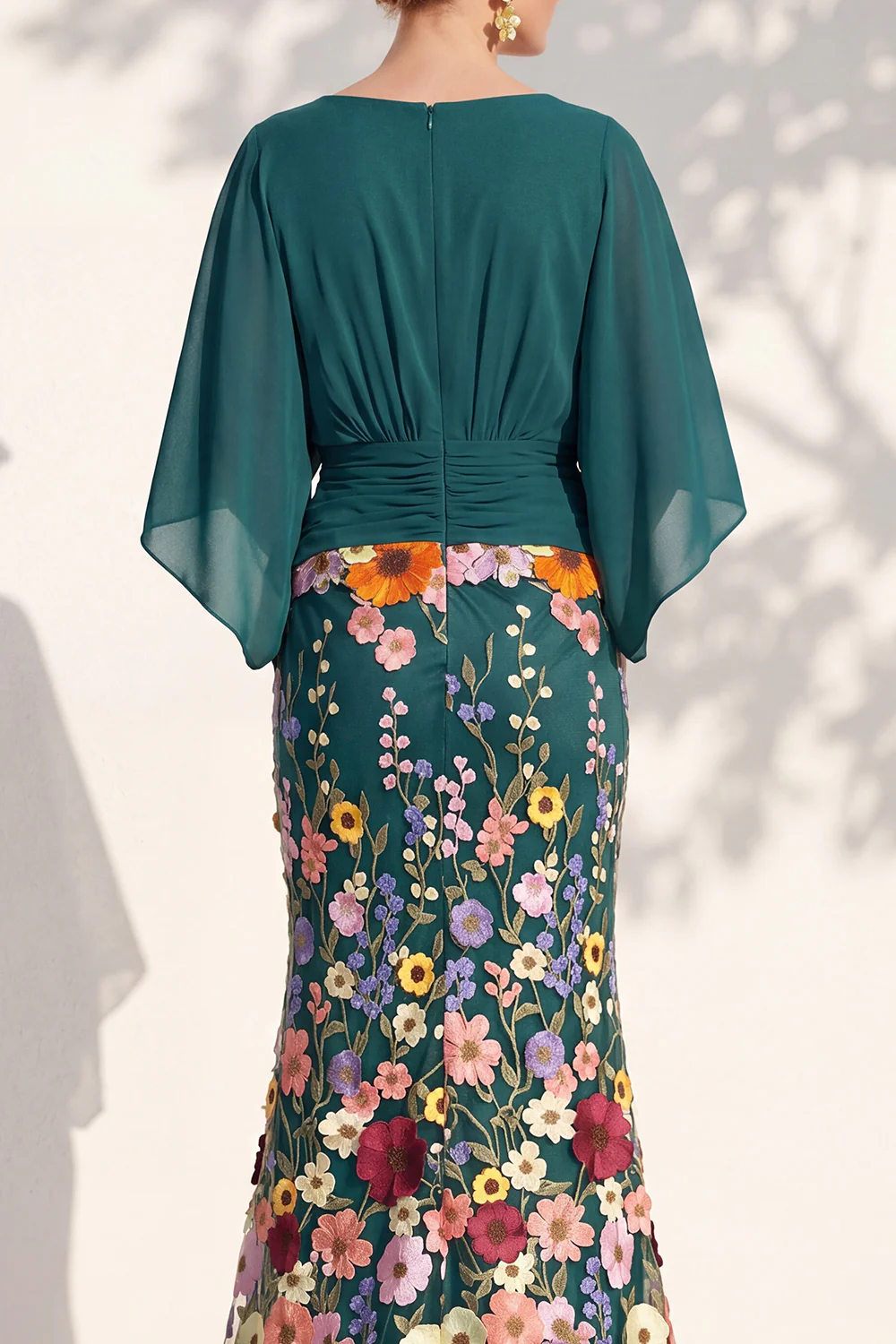 V Neck Cape Sleeve 3D Floral Embellished Mermaid Dress