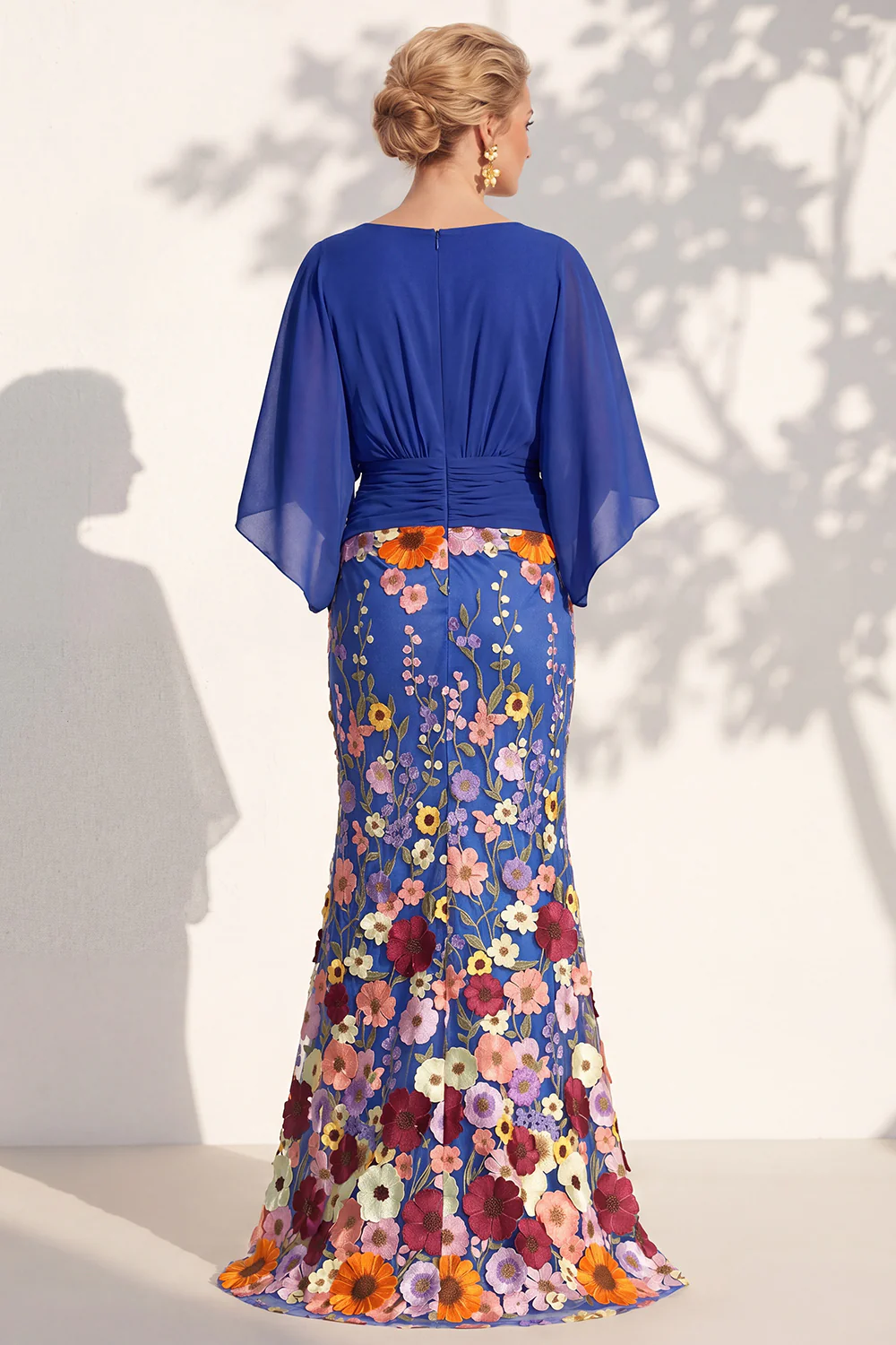 V Neck Cape Sleeve 3D Floral Embellished Mermaid Dress