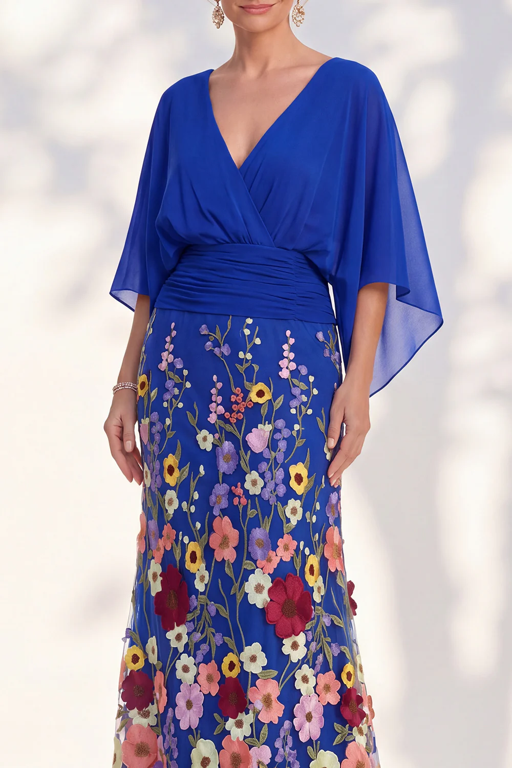 V Neck Cape Sleeve 3D Floral Embellished Mermaid Dress