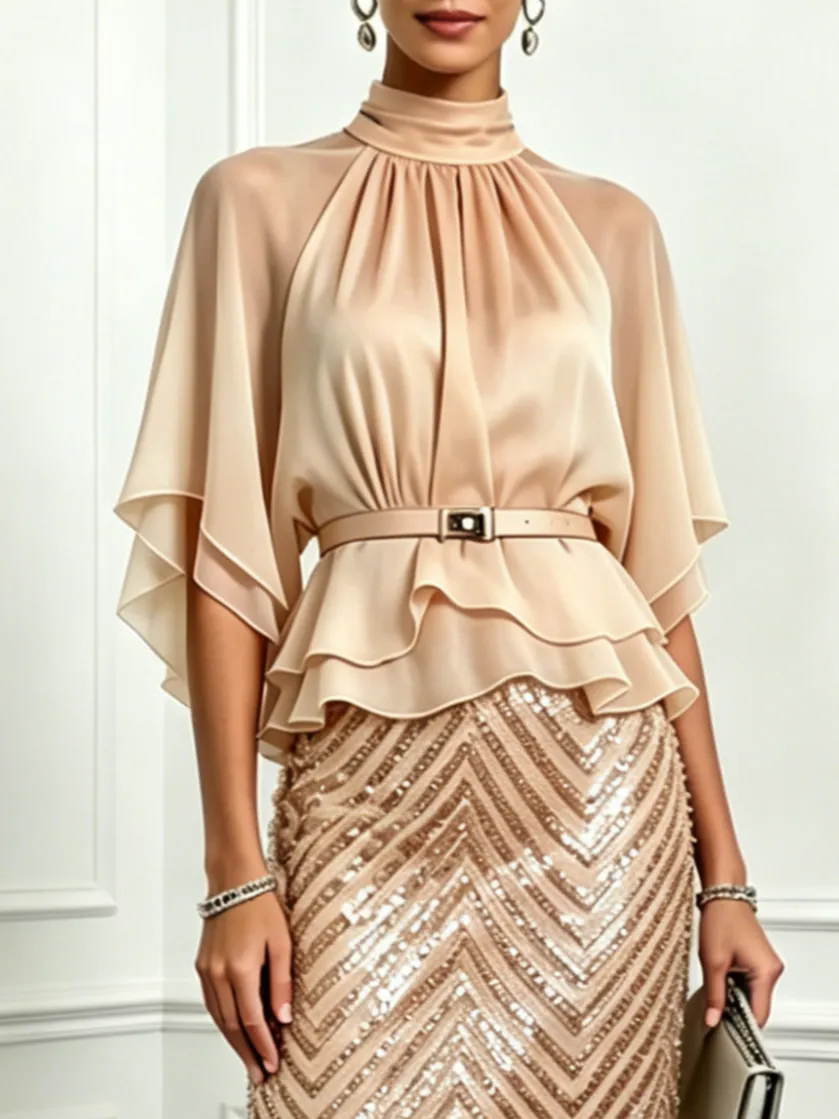 Apricot Ruffled Mock Neck Half Sleeve With Glitter Skirt Two-Piece Set