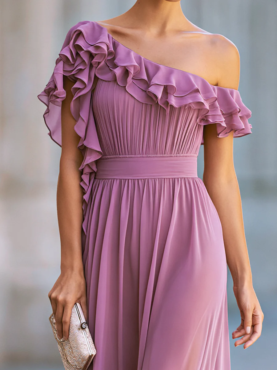One-Shoulder Ruffle Chiffon Maxi Dress With Pleated Bodice