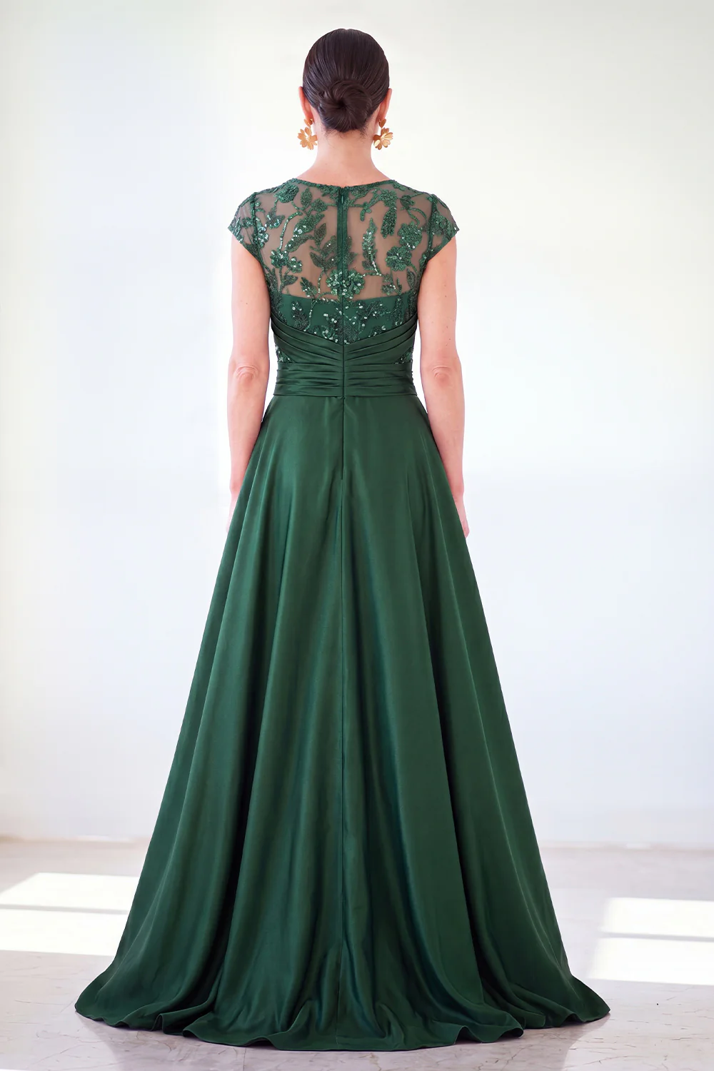 Sparkly Floral Dark Green Ruched Beaded Sheath Maxi Dress
