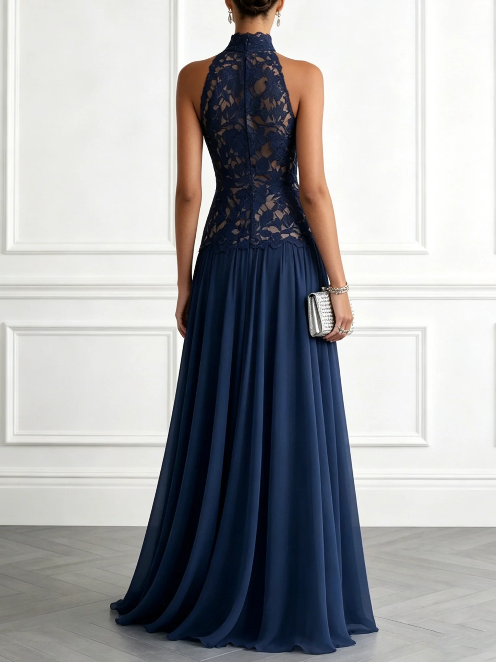 Lace Halter Neck Sleeveless A-Line Floor Maxi Dress