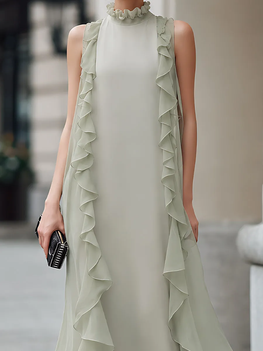 Ruffle Trim High Neck Chiffon Maxi Dress