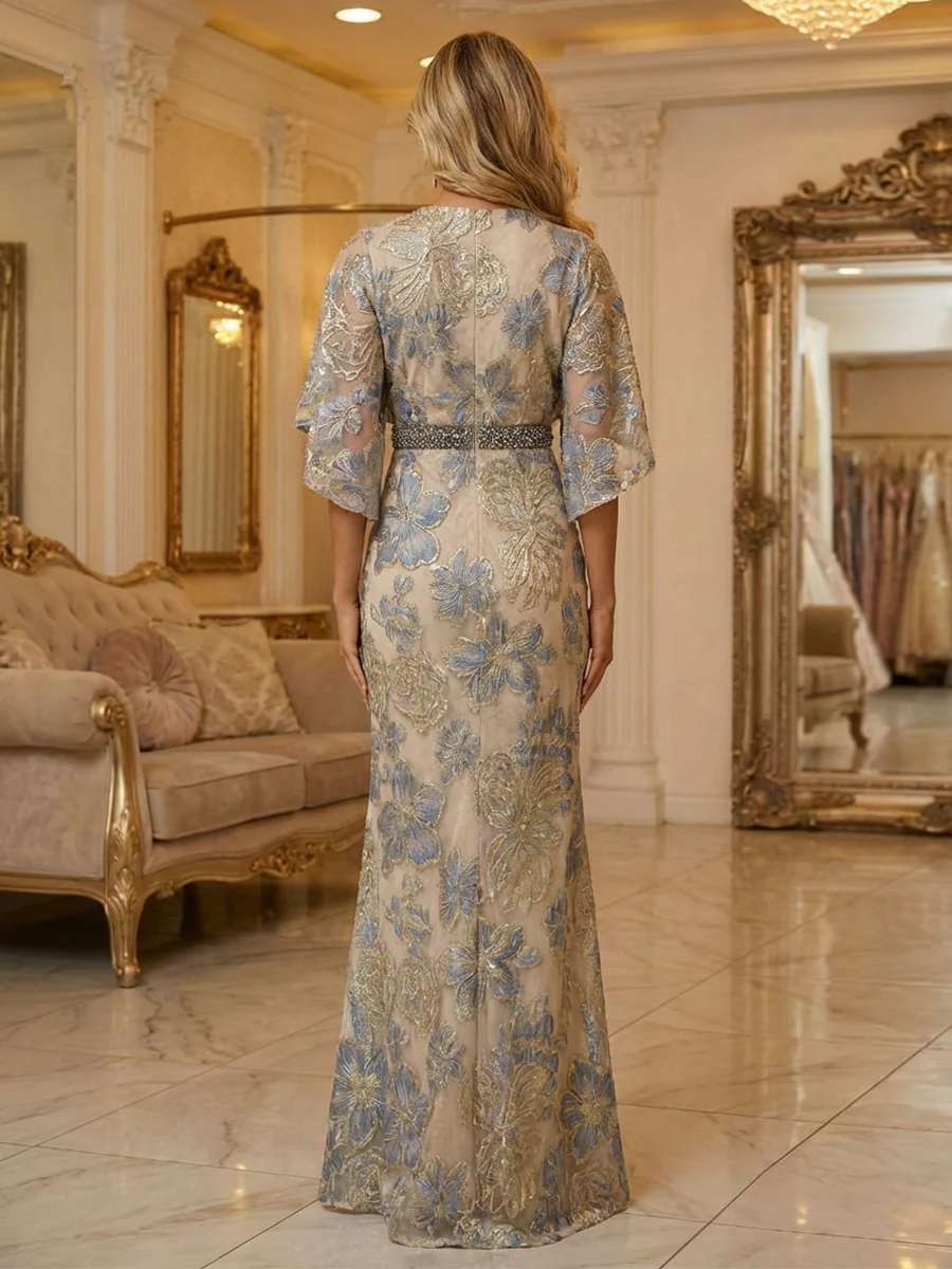 Jacquard Sheath 3/4 Sleeves Ruched Waist Maxi Dress