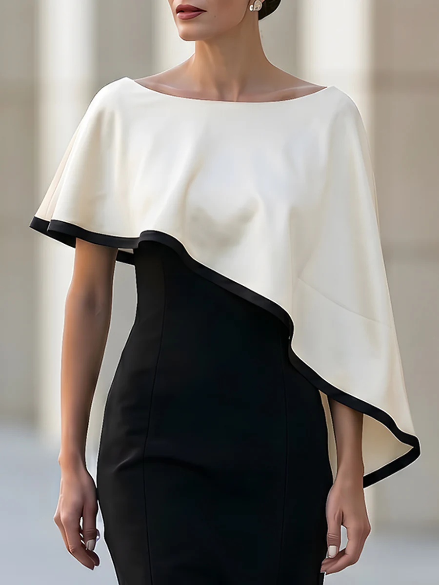 Black Sheath Midi Dress With Asymmetric Cape Overlay In White Contrast Trim