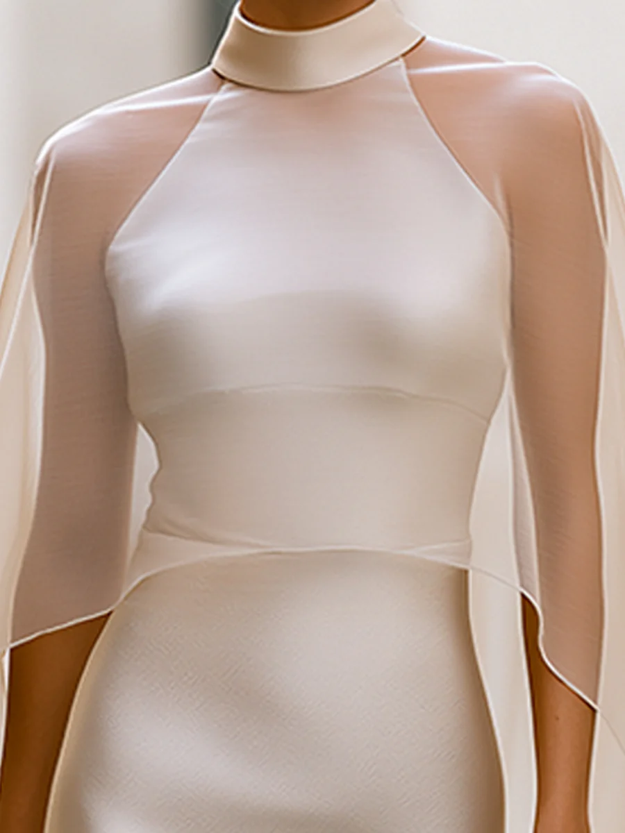 Two-Piece Style Midi Dress With High-Neck Sheer Overlay