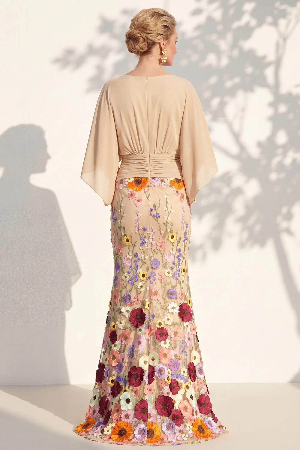 V Neck Cape Sleeve 3D Floral Embellished Mermaid Dress