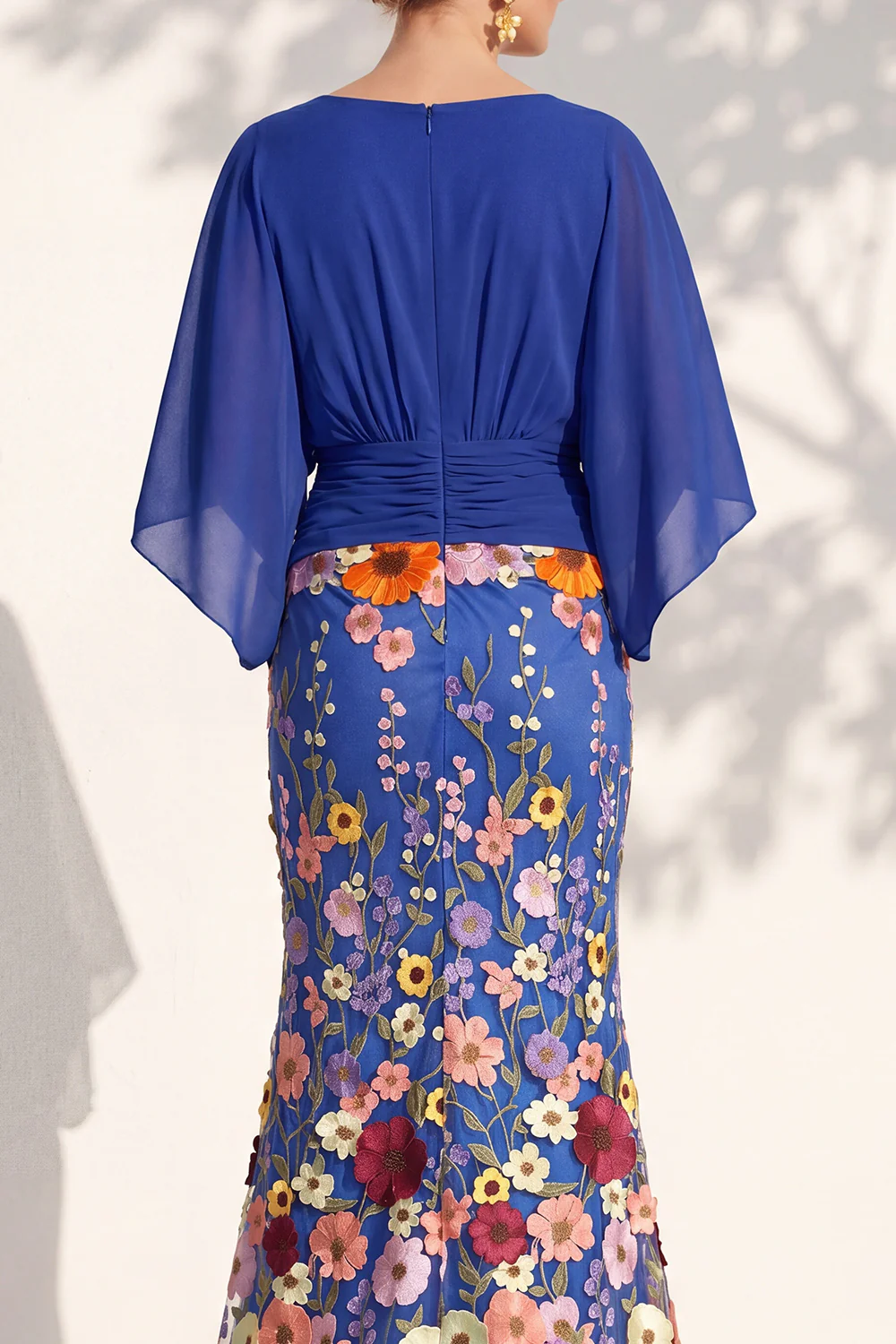 V Neck Cape Sleeve 3D Floral Embellished Mermaid Dress