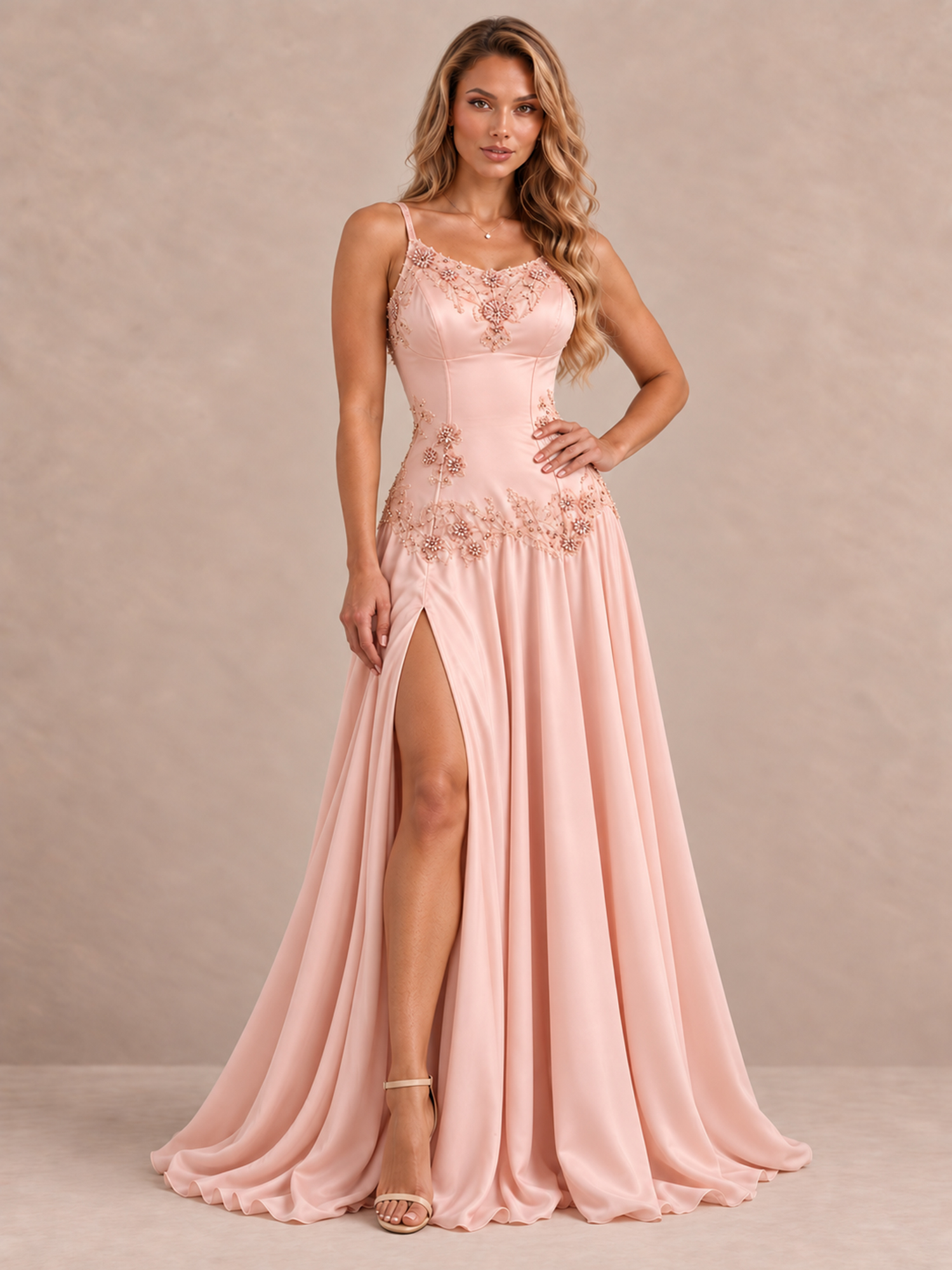 Satin Beaded Spaghetti Straps Maxi Dress