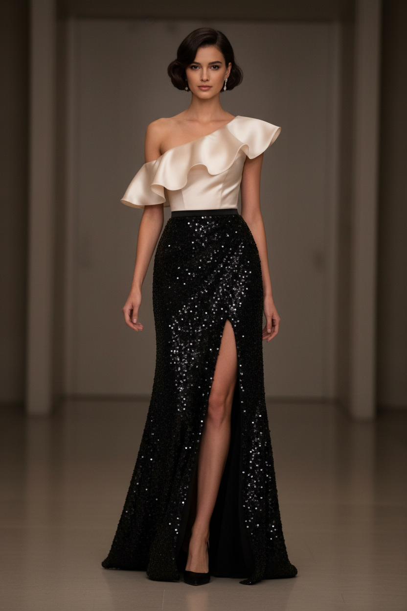 One-Shoulder Ruffle Bodice Sequin Mermaid Gown with Slit