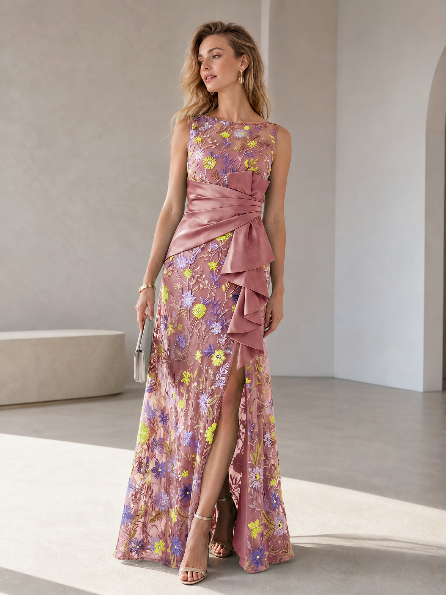 Green Floral Embroidery Sleeveless Gown with Satin Wrap Waist & Side Slit