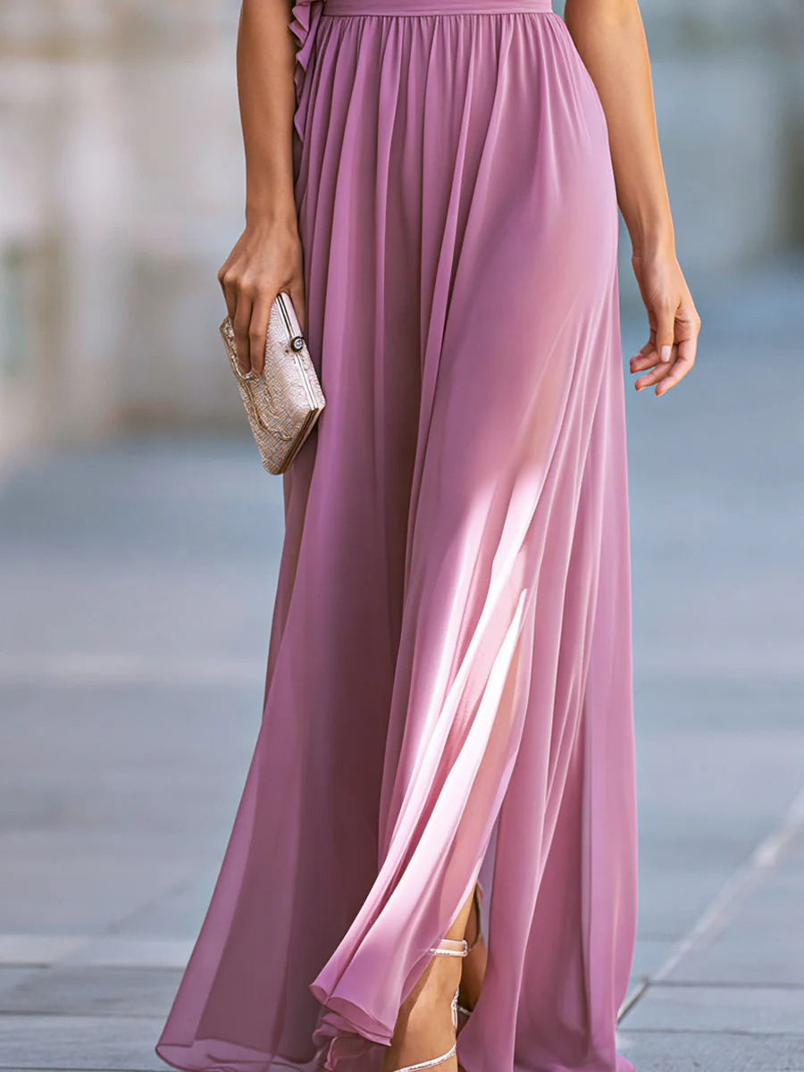 One-Shoulder Ruffle Chiffon Maxi Dress With Pleated Bodice