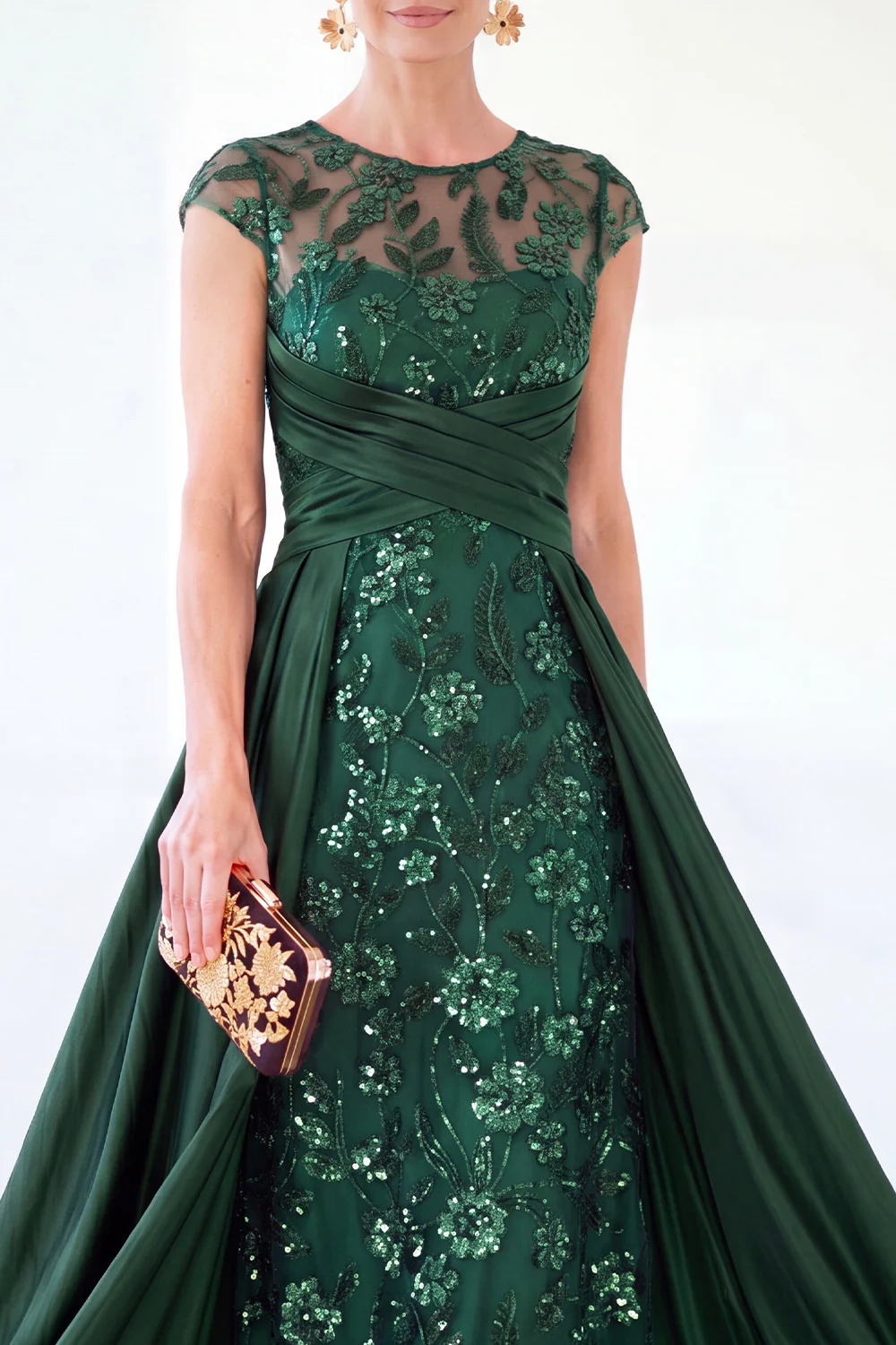 Sparkly Floral Dark Green Ruched Beaded Sheath Maxi Dress