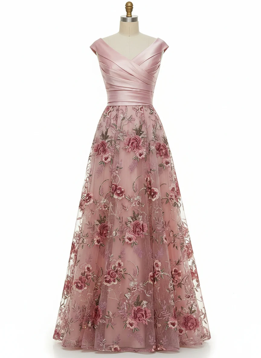A-Line Floral with Ruched Satin Bodice Maxi Dress