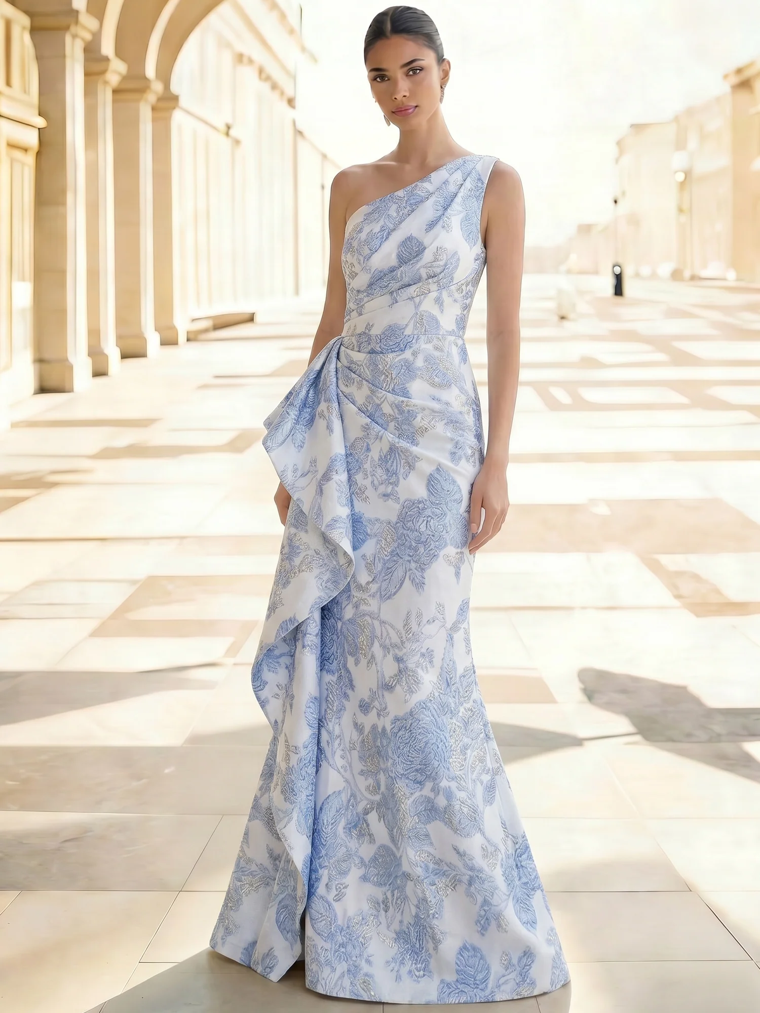 Jacquard Floral One Shoulder Ruffle Maxi Dress