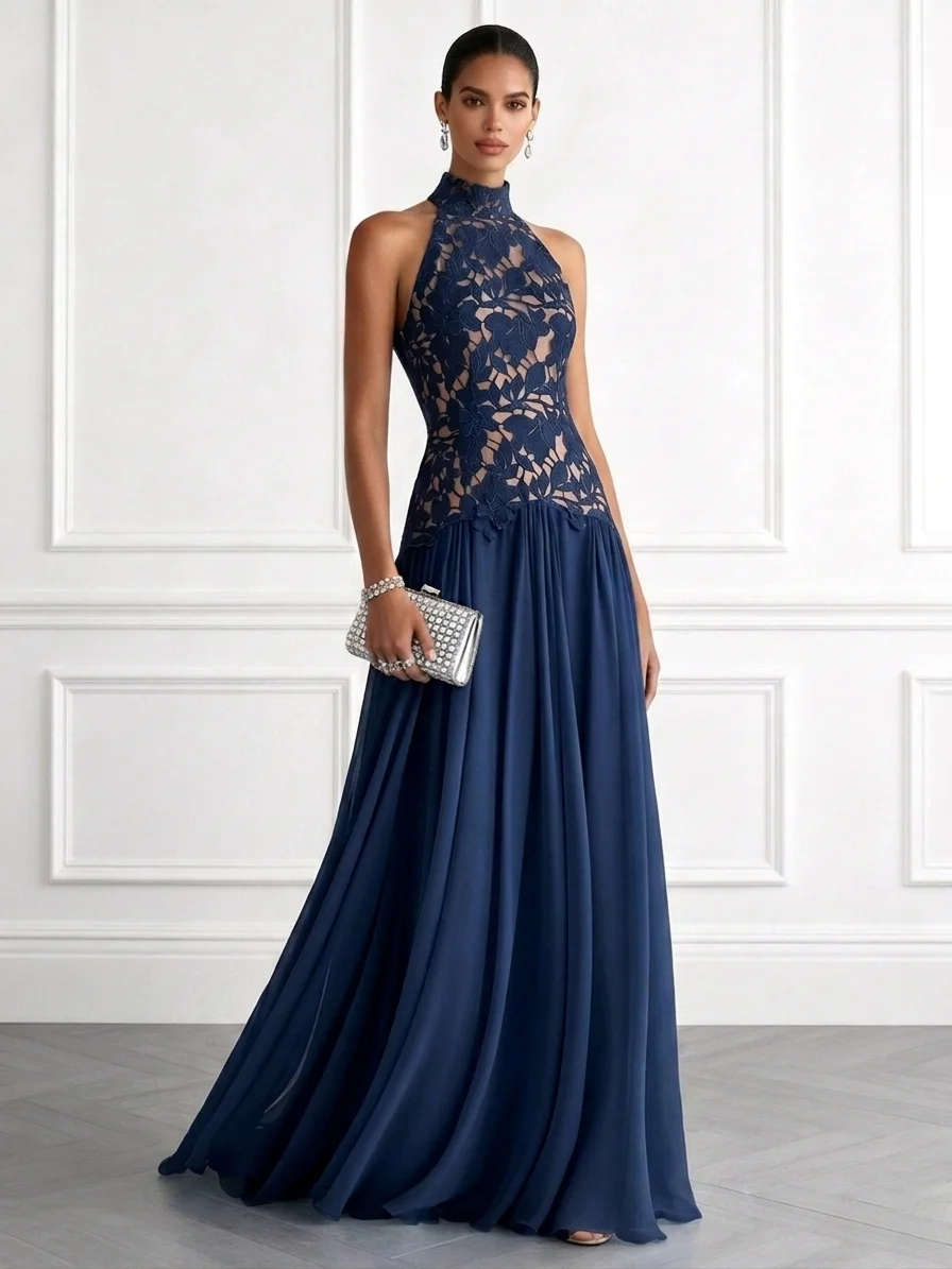 Lace Halter Neck Sleeveless A-Line Floor Maxi Dress