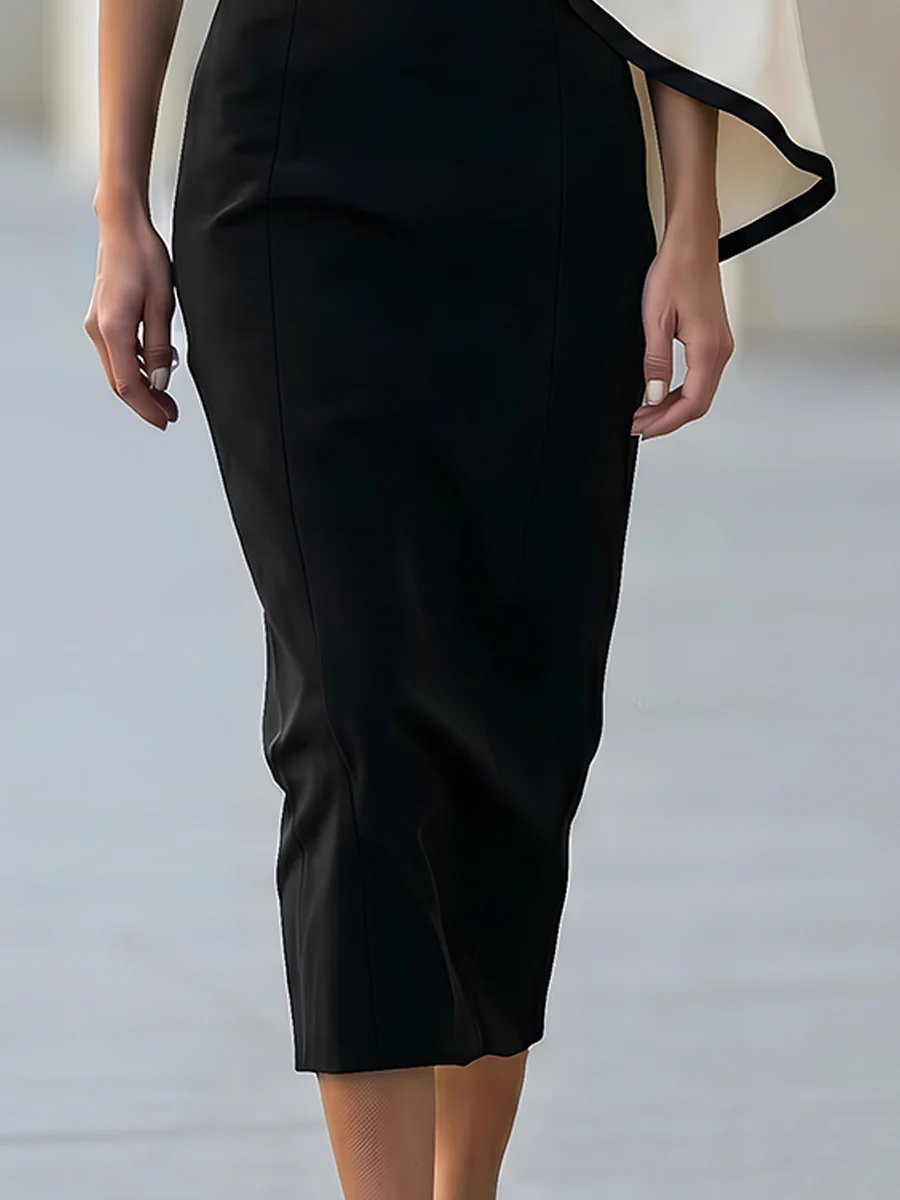 Black Sheath Midi Dress With Asymmetric Cape Overlay In White Contrast Trim