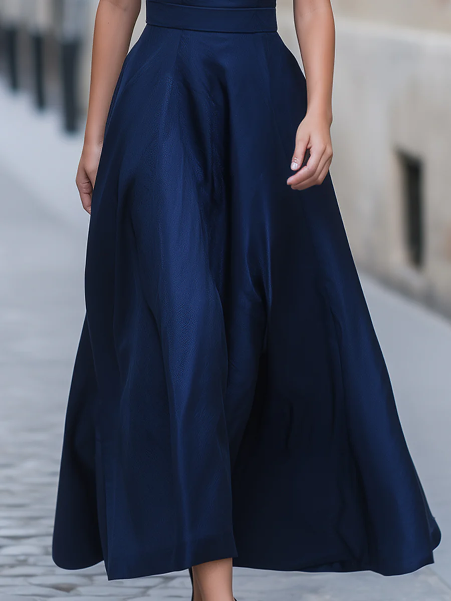 Navy Blue Off-Shoulder A-Line Midi Dress