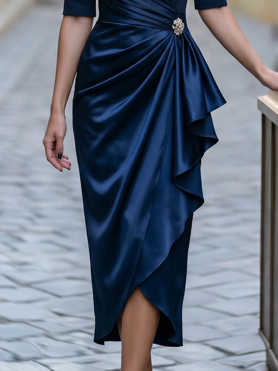 Satin Asymmetric Draped Brooch Detail Midi Dress