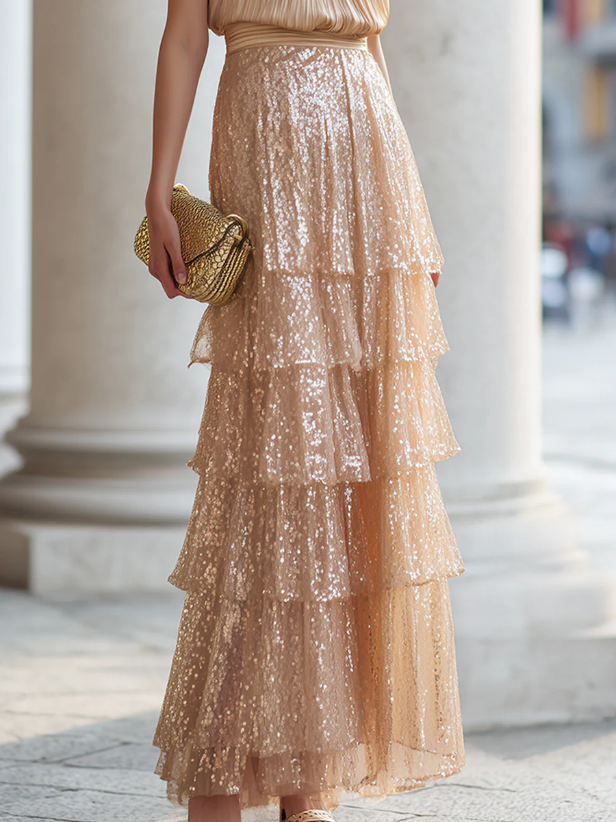 Champagne Pleated Halter Top & Layered Sequin Maxi Skirt Two-Piece Set