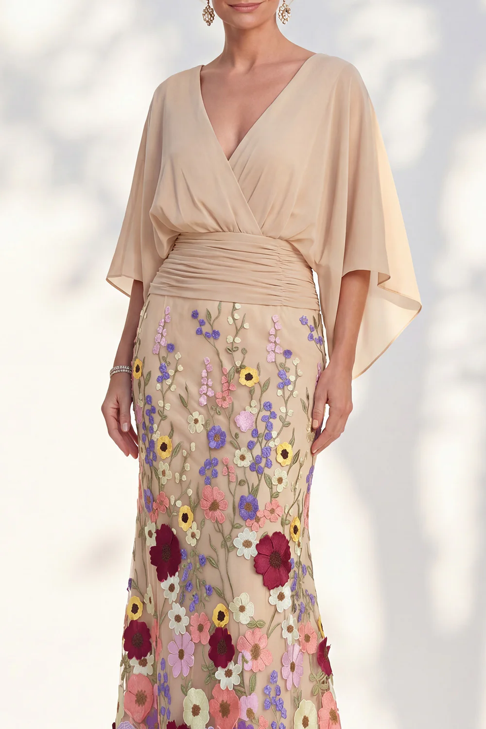 V Neck Cape Sleeve 3D Floral Embellished Mermaid Dress