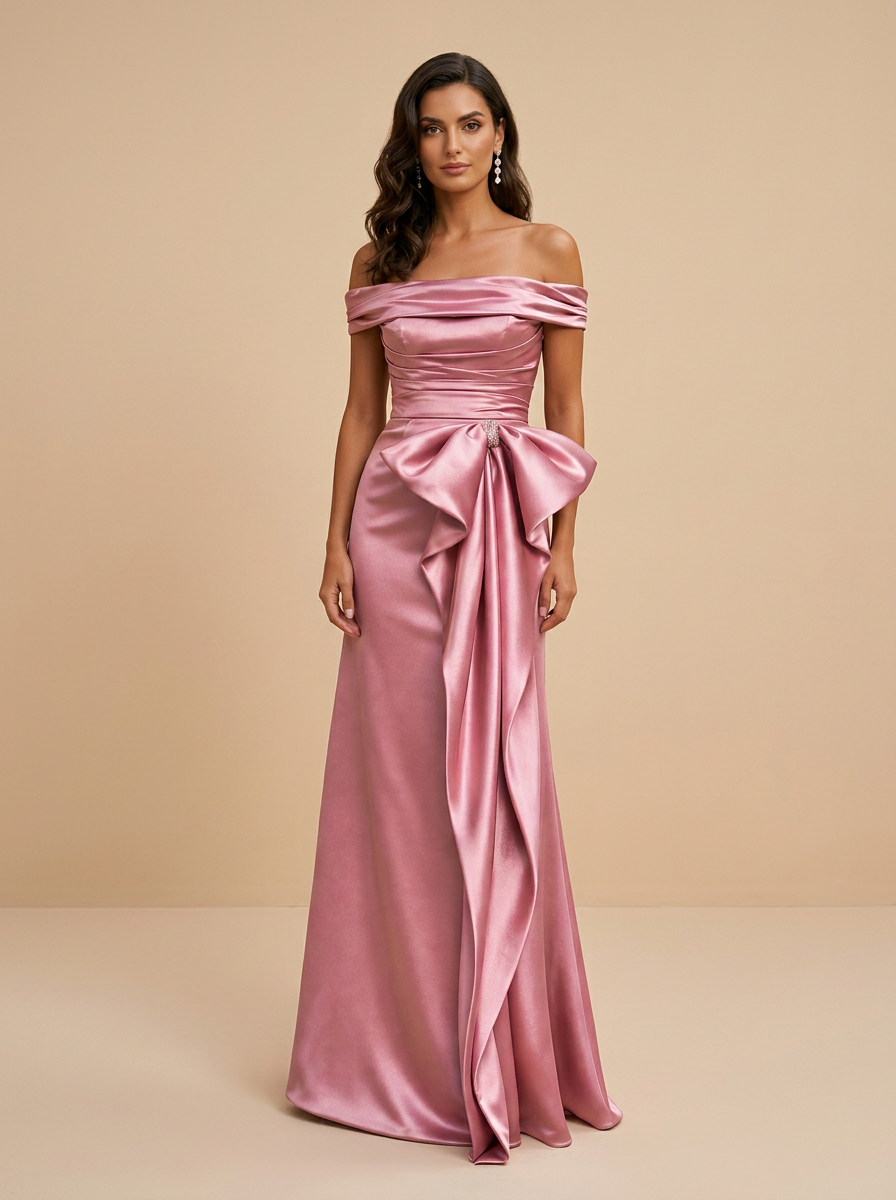 Dusty Rose Off-the-Shoulder Satin Gown with Bow Detail & Rhinestone Accent
